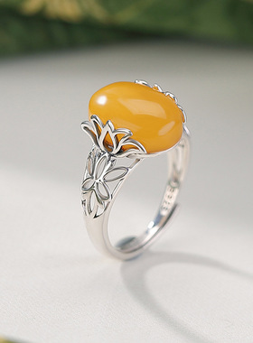 山予棠S925纯银天然和田玉晴水玉青玉蜜蜡莲花蝴蝶蛋面戒指银指环