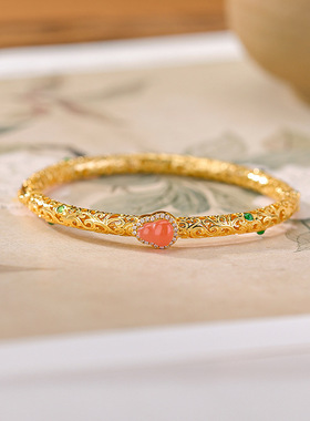 山予棠S925纯银镀金南红水红玛瑙手镯新中式国潮葫芦唐草纹银手环