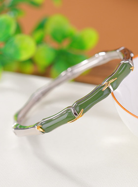 山予棠S925纯银镀金和田玉碧玉复古国风竹节竹叶手镯分色电镀手环