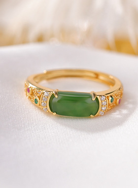 山予棠S925纯银镀金和田玉碧玉复古轻奢个性马鞍戒指时尚百搭指环