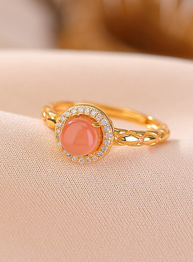 山予棠S925纯银镀金南红水红圆珠几何复古简约气质可调节优雅戒指