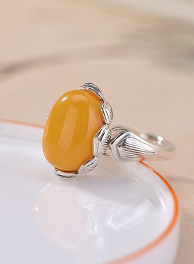 山予棠S925纯银蜜蜡莲花民族风复古做旧优雅气质蛋面戒指开口指环