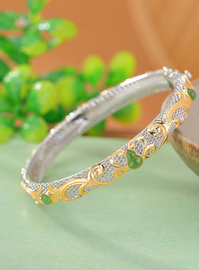 山予棠S925纯银镀金和田玉碧玉复古国风福禄葫芦唐草纹手镯银手环