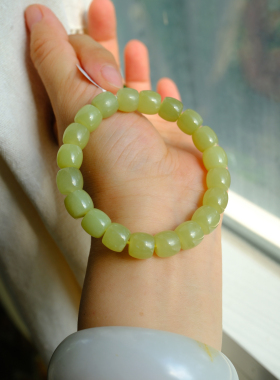 【一物一图】10mm新疆和田玉黄口料 直切老型珠手串～16手围