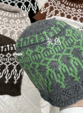 秋冬复古费尔岛花色针织保暖帽女