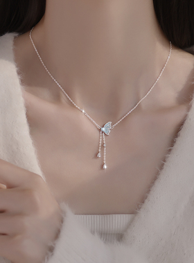 999银半翼蝴蝶流苏项链女