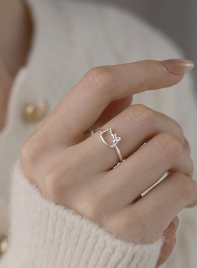 999足银猫猫头戒指可调节