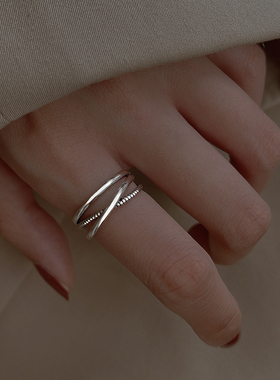 925纯银开口交叉戒指女小众设计复古轻奢食指戒可调节饰品关节戒