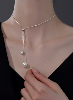 银奥女925纯银大小珍珠毛衣链