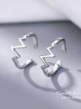 925纯银戒指女心电图食指戒小众设计时尚冷淡风素圈指环尾戒小指
