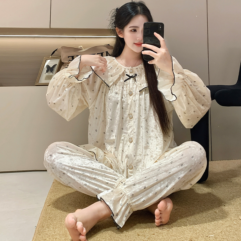 韩版金丝绒睡衣女秋冬季新款长袖长裤公主风居家休闲时尚两件套装 - 图0