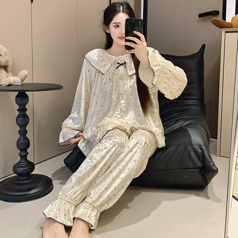 韩版金丝绒睡衣女秋冬季新款长袖长裤公主风居家休闲时尚两件套装 - 图3