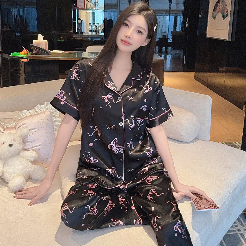 夏季新款短袖长裤韩版仿真丝绸性感蕾丝花边休闲居家服两件套装女,淘宝优惠券,粉丝福利购,淘宝优惠卷