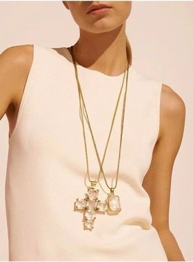 天然方块水晶石吊坠长款项链