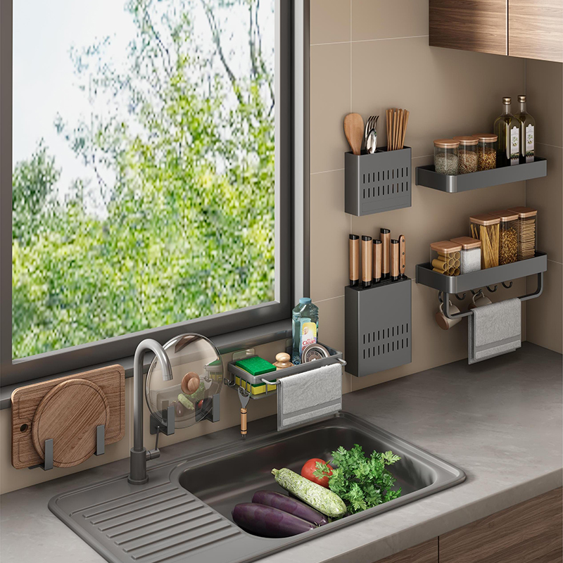 枪灰色厨房置物架调味料架壁挂刀架用品大全多功能收纳架子免打孔 - 图2