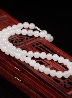 天然新疆和田玉羊脂白玉圆珠项链珠链直径8MM