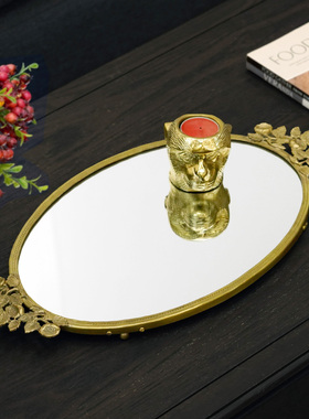 印度进口铜制玫瑰花装饰边框镜面椭圆茶盘托盘收纳盘化妆品装饰盘