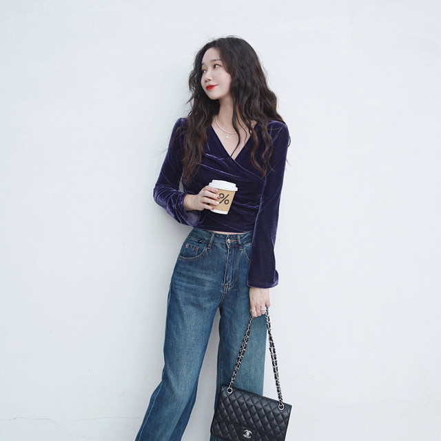 Long sleeve T retro purple velvet women's slimming