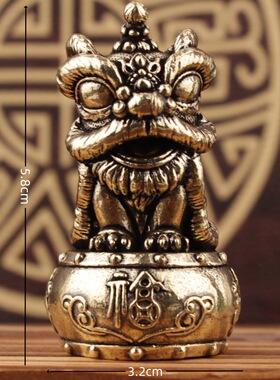黄铜功夫舞狮战鼓复古中国风醒狮做旧迷你实心古玩把件桌面小摆件
