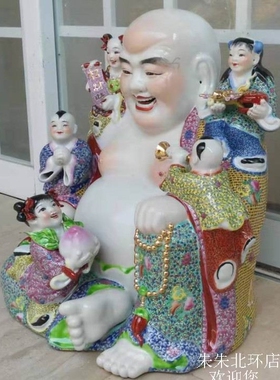 坐五子弥勒佛像景德镇粉彩陶瓷多仔大肚笑佛客厅家居五子登科摆件
