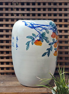 景德镇陶瓷花瓶大书画缸卷轴缸画筒家居装饰摆件公鸡柿子事事如意