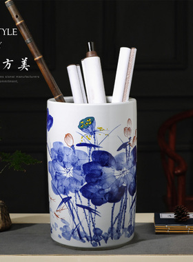 景德镇陶瓷器手绘青花瓷书画缸卷轴缸书画筒中式帽筒伞缸和为贵