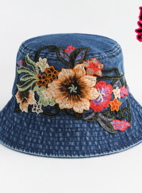 渔夫帽休闲女春秋平檐刺绣花