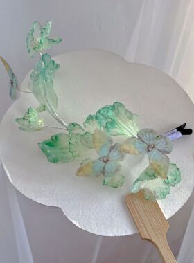 侧边绿色系烫花晕染发饰清新