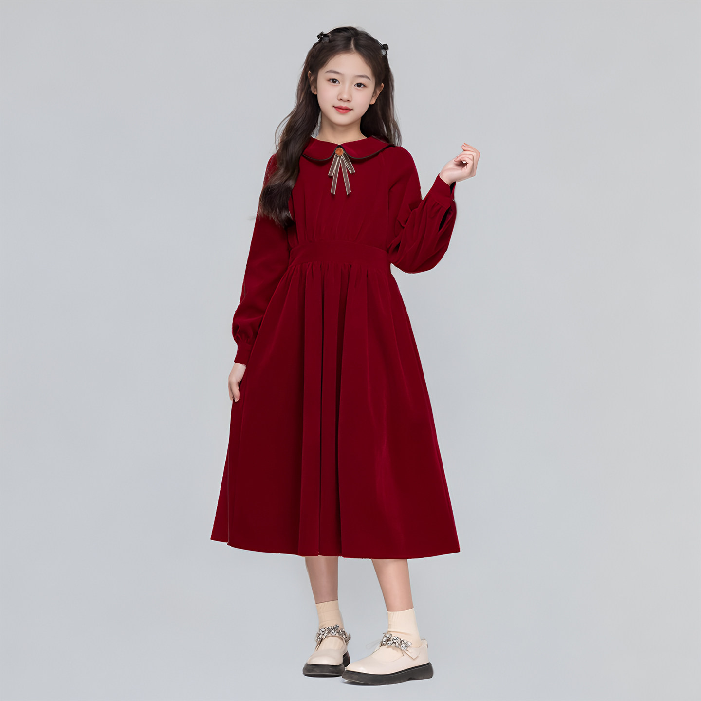 女童红色新年连衣裙冬季高级感气质收腰公主裙韩版中大童加绒裙子,淘宝优惠券,粉丝福利购,淘宝优惠卷
