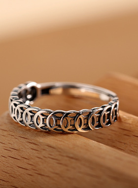 人品银品S925纯银简约个性钱币戒指时尚气质百搭男女通用开口指环