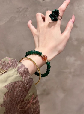 高端墨绿色绿干青手串女款天然红花胶水晶串珠手链轻奢