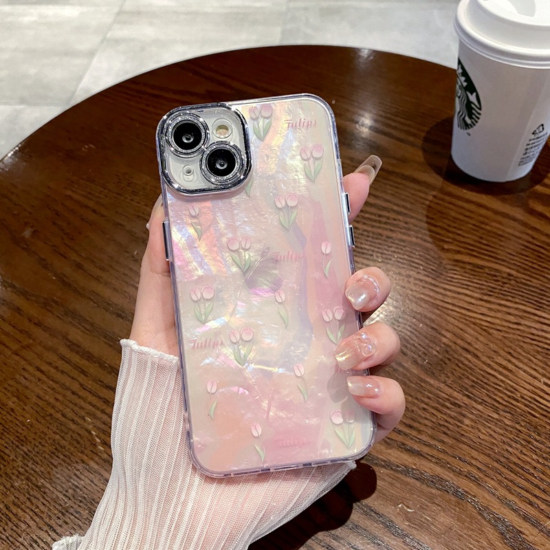 宁宁 粉色少女心渐变贝纹郁金香闪粉镜头膜女iPhone15 MobileCase - 图0