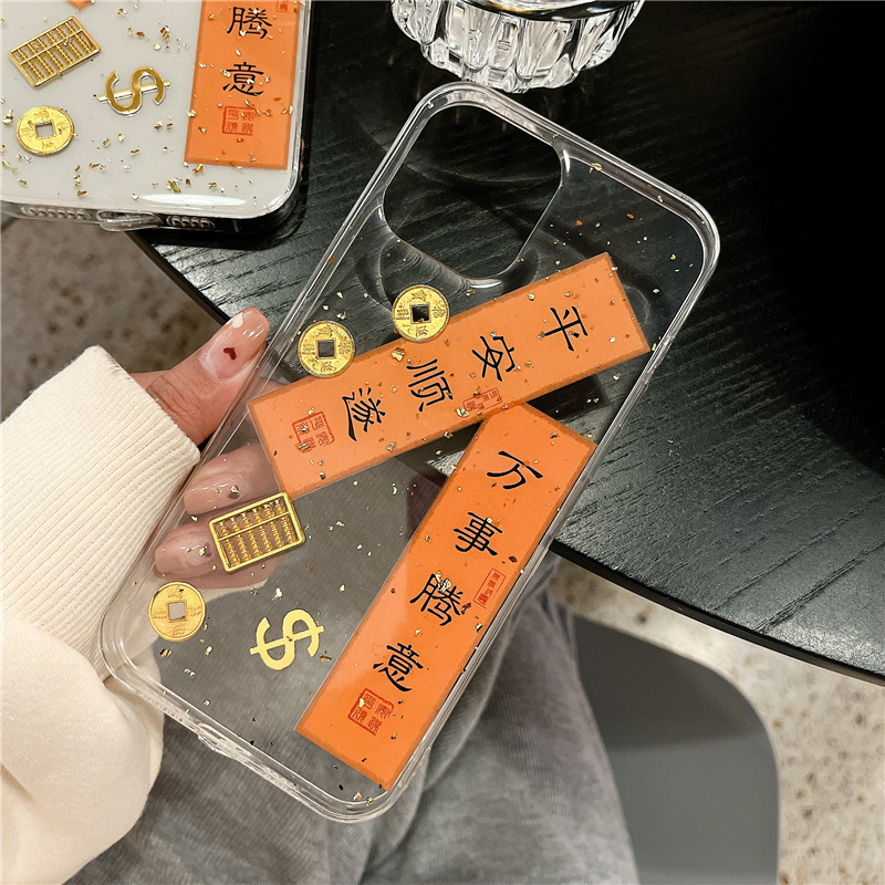 宁宁 创意滴胶金箔对联万事胜意透明女iPhone15Promax MobileCase - 图1