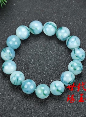 和田玉青花玉手链男女款天然玉石飘兰花14mm圆珠子手串配珠饰品