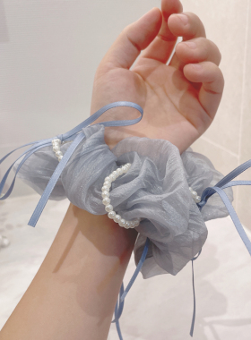 精致小物！仙气光泽薄纱蝴蝶结珍珠大肠发圈女高级感韩系头绳发饰
