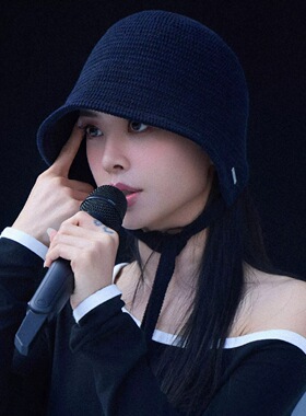蔡依林同款帽子女日单纯色羊毛针织飘带渔夫休闲盆帽秋冬防风保暖