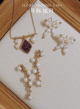 耳际摇风原创小众新年红色石榴石美国14K包金淡水珍珠项链颈饰女