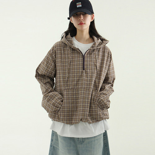 韩国代购25S/S check zip-up neck hood anorak 格子连帽外套百搭 - 图1