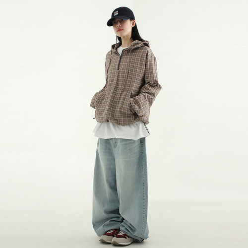 韩国代购25S/S check zip-up neck hood anorak 格子连帽外套百搭 - 图2