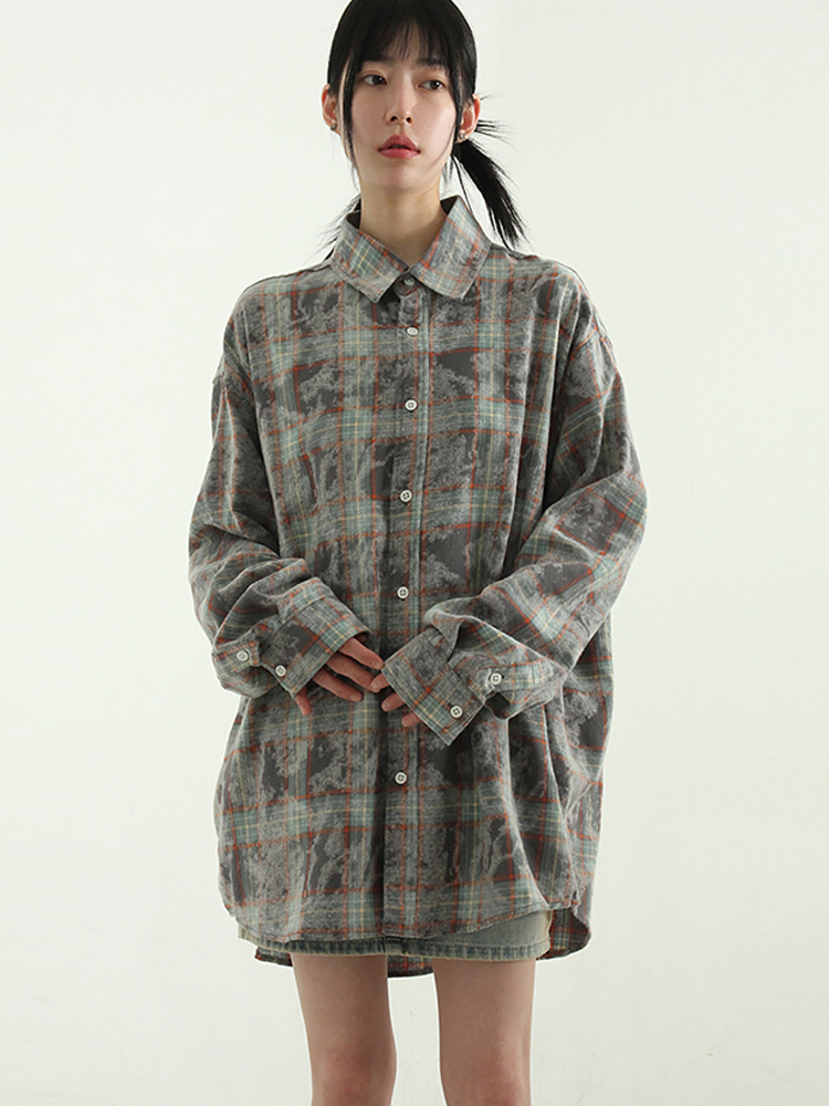 韩国代购24S/S tie-dyed check shirt (uniesx) 扎染格子衬衫复古 - 图1