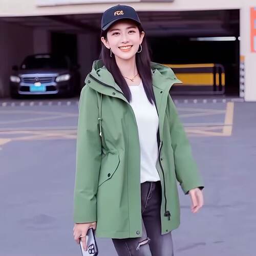 法国艾家冲锋衣女春秋户外收腰连帽防风防泼水运动风衣外套中长款 - 图0