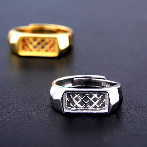 S925银戒指空托切面菱面方形石位镶嵌绿松石蜜蜡情侣戒托男女6*13 - 图2