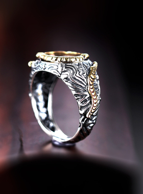 戒指空托男S925银绿松石镶嵌蜜蜡