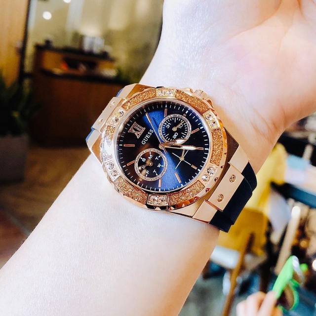 Gass Silicone Rose Gold Diamond Couple Watch
