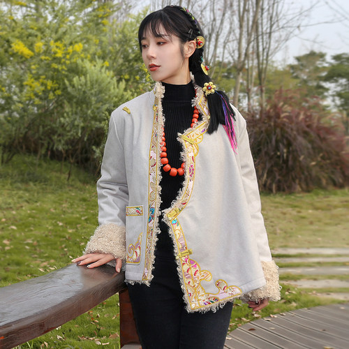 冬季藏式外套女西藏族服装藏袍绣花长绒保暖藏装上衣拉萨服民族风 - 图2