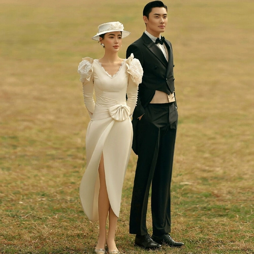 Новая киностудия тематическая одежда Hebenfeng французский ретро -ретро, ​​путешествовать, съемки фильма Пара фото свадьба длинное платье