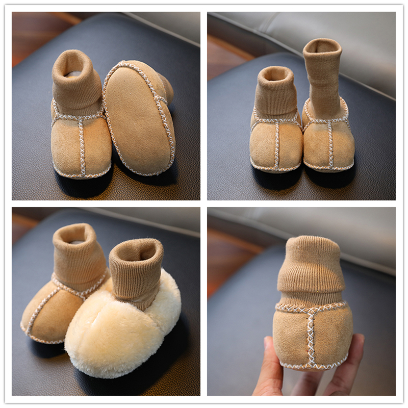 仿皮毛一体宝宝鞋袜婴儿保暖秋冬季软底袜套步前鞋子0-3-6-12个月 - 图1