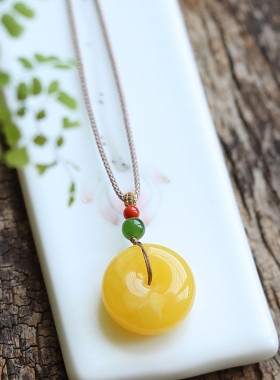 琥珀吊坠鸡油黄蜜蜡20mm左右平安扣厚饼子墩子配珠隔片公主扣项链