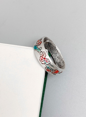 桃花繁花景泰蓝戒指 999纯银复古个性活口指环女民族风珐琅戒圈