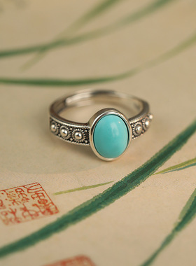 绿松石女式S925银嵌泰银开口方形戒指复古做旧戒面太阳花链指环